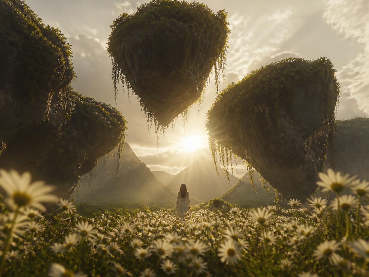 Surreal landscape of floating islands above a sunlit field